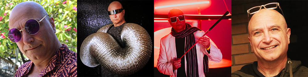 Dr Abstract pictures Inventor in Hawaii, Fashion Model with infitiy silver arms, Futuristic Gucci Golf, Clear-eyed Visionary
