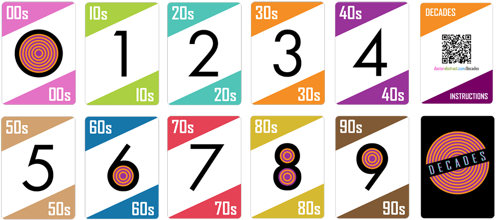 Decades Deck - playing cards with 10 values representing decades or numbers 0-9